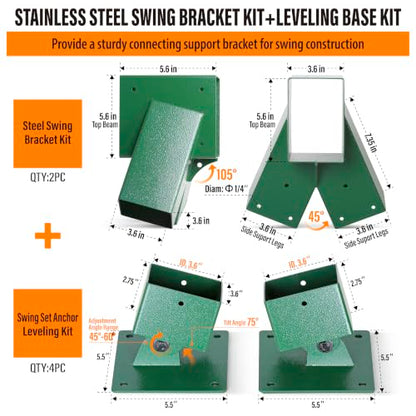 201 Stainless Steel Swing Set Bracket 2pcs A-Frame Brackets 4pcs Adjustable Swing Anchor Leveling Kit Bracket（Green） - color: Green, size: Complete Set(2A-Frame+4Base)