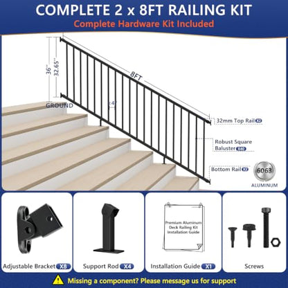 36 in H x 16 ft W Modular Real Aluminum Stair Railing Kit, 2 Panels - color: 8ft Stair - 2Pack