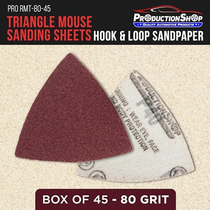 ProductionShop Premium 80 Grit Triangle Mouse Detail Sander Sandpaper Sheets, Box of 45 - Hook & Loop, Triangular Shaped Mouse Disc Pads - Oscillating Multi-Tools - Woodworking, Sand Furniture Paint - style: 80 Grit