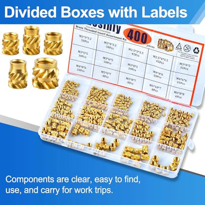 400 Pcs Threaded Inserts Brass Heat Set for 3D Printing M2-M6 Kit