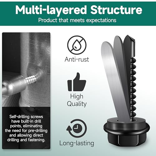 100Pcs #8 x 1 Sheet Metal Screws, 410 Stainless Steel Self Drilling Hex Head Black Self Tapping Screws for Metal with Drill Bit - color: Black, size: #8 x 1"