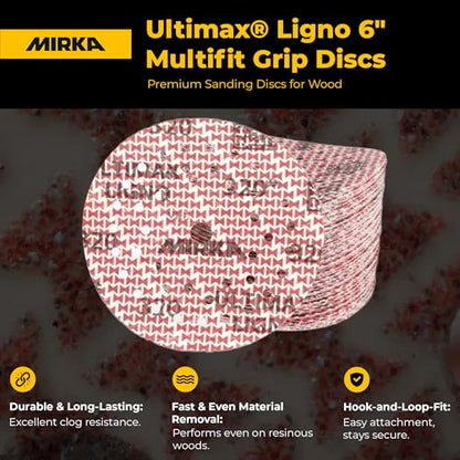 Mirka Ultimax Ligno 6 Inch 60 Grit Wood Sanding Discs Hook & Loop, 50 Pack - style: 60 Grit