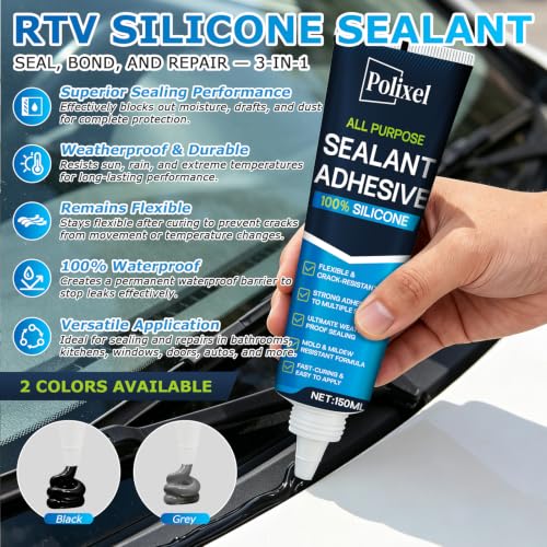Black RTV Silicone Sealant Adhesion – 100% Silicone Caulk, Waterproof Sealant for Windshield, Headlights, Sunroof, Kitchen, Bathroom & Home Fast Curing, Crack-Proof – 5oz/150g