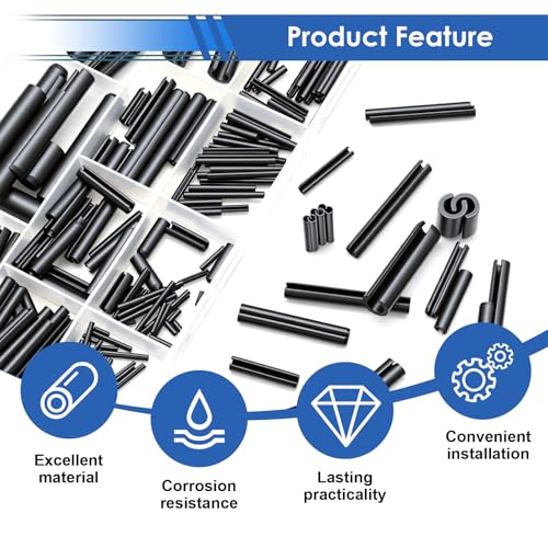 370Pcs Roll Pin Assortment Kit SAE Slotted Spring Pins 10-Sizes 1/16 5/64 3/32 1/8 5/32 3/16 7/32 1/4 5/16 3/8 Inch for for Home Improvement Automotive Repair - size: 370Pcs