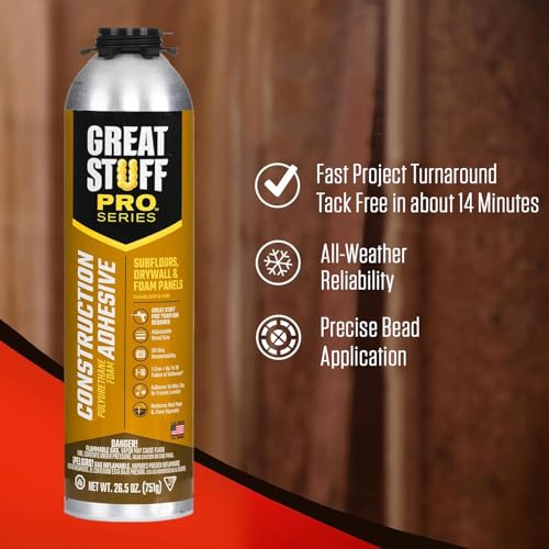 GREAT STUFF PRO Construction Adhesive for Wall & Floor 26.5oz, Polyurethane Foam Adhesive for Subfloors, Drywall & Foam Panels, One Component, Off White, Pack of 12 with Applicator (Standard Gun) - style: Standard Gun