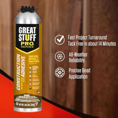 GREAT STUFF PRO Construction Adhesive for Wall & Floor 26.5oz, Polyurethane Foam Adhesive for Subfloors, Drywall & Foam Panels, One Component, Off White, Pack of 12 with Applicator (Standard Gun) - style: Standard Gun
