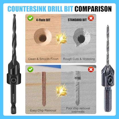 FACAINCXS Countersink Drill Bit Set for Wood, 16 PCS High Speed Steel Woodworking Tapered Drill Bits Counter Sink Drill Bit with 2PCS 1/4" Hex Shank Wood Plug Cutter Quick Change with Storage Box