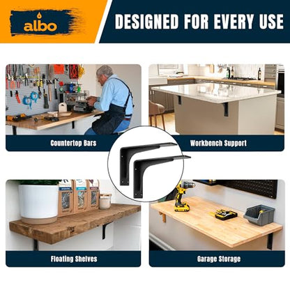 ALBO 8 x 5 Inch Shelf Brackets, 4 Pack Heavy Duty Steel L Brackets in Black - size: 8 Inch, style: Heavy Duty Reinforced