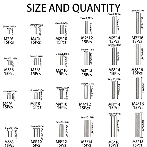 360Pcs 304 Stainless Steel Dowel Pin Shelf Support Peg Pin Rod Fasten Elements Assortment Kit, 24 Sizes M2 M3 M4 M5