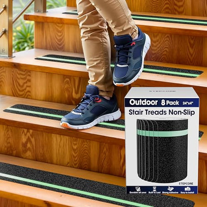 Outdoor Stair Treads Non Slip – 24" x 4" – 8-Pack Glow in The Dark Waterproof 80-Grit Grip Strips for Wooden Steps – Anti Slip & Anti Skid Step Treads – by STEPCORE - size: 24" x 4" - 8-Pack