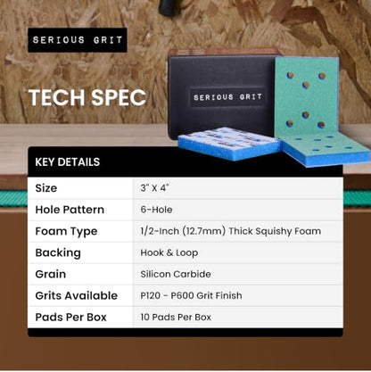 Serious Grit - 3x4 1/2" Foam Sanding Pads - 120-150 Grit Finish - 10 Pack - size: 120-150 Grit, style: 12.7mm Foam