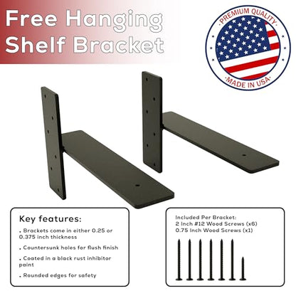 Free Hanging Shelf Bracket Multi-Pack –Heavy-Duty Metal Floating Shelf Support Brackets for Wood Shelves – Hidden Wall Mount Hardware for Modern, Rustic, Industrial Shelving (2 Pack, 14 x 1/4 Inches) - size: 14 x 1/4 Inches, style: 2 Pack
