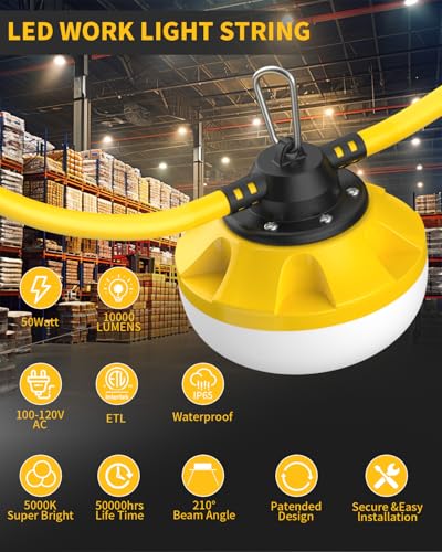 100FT LED Construction String Lights, with 10 Bulbs Industrial Grade 100W - size: 100FT 2 Prong (Yellow)