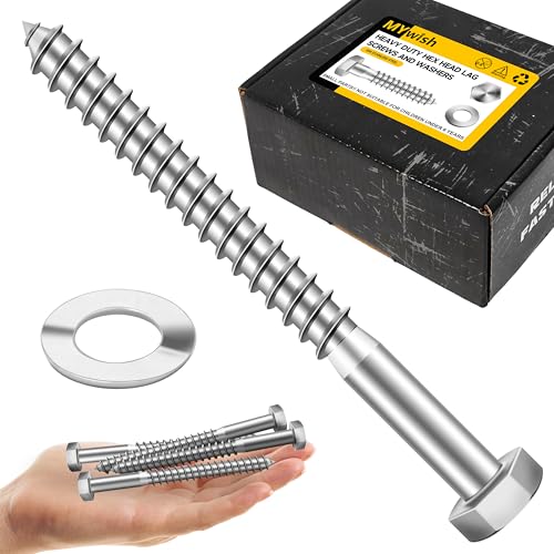 Mywish (50Sets) 3/8" x 4" Lag Bolts, 304 Stainless Steel 3/8 inch Lag Screws Bolts for Wood, Heavy Duty Hex Head with Flat Washers Bolt Kit, Bright Finish - size: 3/8 x 4"