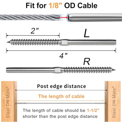 Cable Railing Hardware 1/8" T316 Swage Lag Screws for Wood Post 100Pack - color: Silver