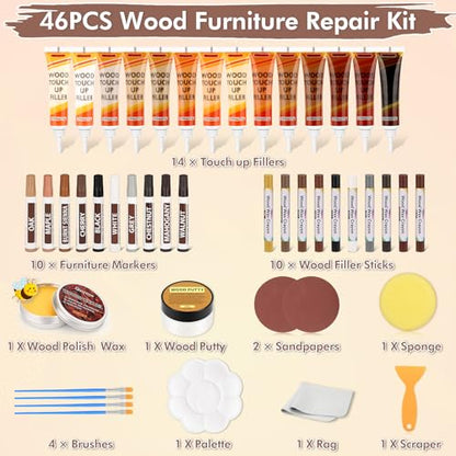46PCS Wood Furniture Repair Kit, Furniture Touch Up Markers with Wood Fillers, Putty & Beeswax for Scratches, Cracks, Holes, Floors, Tables, Cabinets & Doors