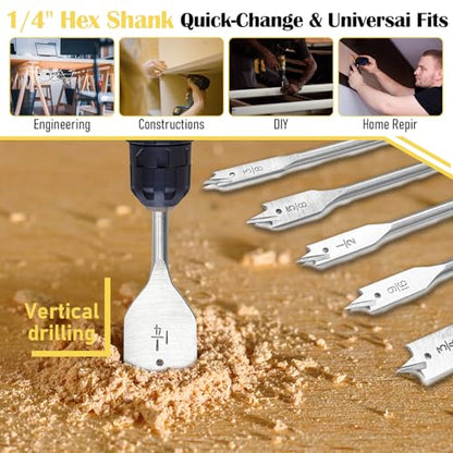 14-Piece Spade Drill Bit Set, Carbon Steel Paddle Flat Bit with 6-Inch Drill Bit Extension, 1/4" to 1-1/2" Assorted Spade Drill Bits for Hole Cutter Woodworking