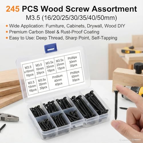 245 Pcs M3.5 Self Tapping Screws Flat Head Black Carbon Steel