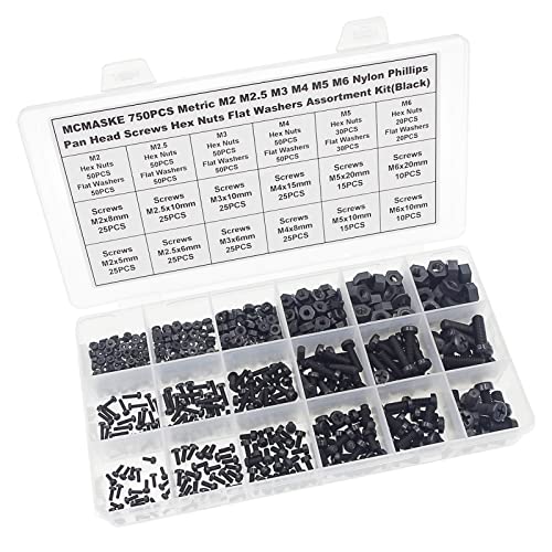 750PCS M2-M6 Black Nylon Phillips Pan Head Screws Nuts Washers Kit - size: M2, M2.5, M3, M4, M5, M6