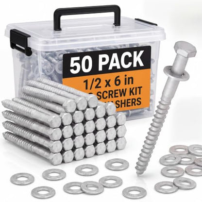 50 Pack 1/2''x6'' Lag Screw Kit with Washers, Hot Dipped Galvanized Hex Lag Bolts Heavy Duty Hex Head Wood Screws, Rust Resistant Exterior Fasteners for Wood Deck Fence - size: 1/2''x6''