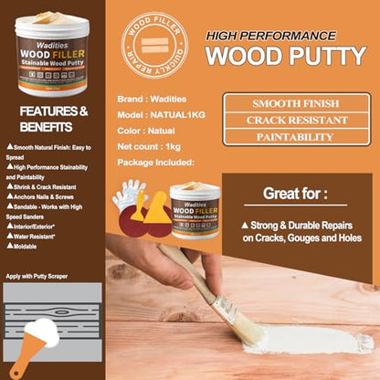 35oz Wood Filler, Natual Wood Putty, Wadities Paintable Stainable Wood Repair Putty, Wood Furniture Repair Kit, Quickly Repair Broken and Defective Wooden Furniture (Natual)