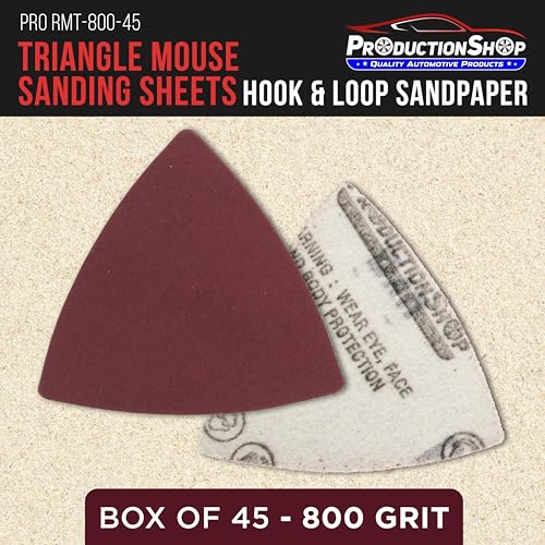 ProductionShop Premium 800 Grit Triangle Mouse Detail Sander Sandpaper Sheets, Box of 45 - Hook & Loop, Triangular Shaped Mouse Disc Pads - Oscillating Multi-Tools - Woodworking, Sand Furniture Paint - style: 800 Grit