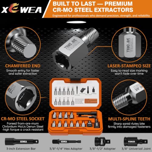 XEWEA 14PCS 3/8" Drive Screw Extractor Set，Multi-Spline Easy Out - size: 10+4PCS