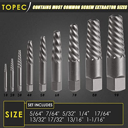 Topec 9 Piece Jumbo Spiral Flute Extractor -Easy Out Bolt Screw Extractor Set Square Shank Reverse Bit Set for Removing Broken Screws, Bolts, and Studs with Reverse Drill Bit Extractor Set - size: 9 Piece
