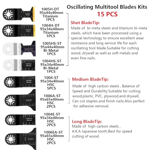 Titanium Oscillating Saw Blades, Oscillating Tool Blades Kits for Metal, Wood and Plastic Compatible with Star-Lock Tools (15 PCS)