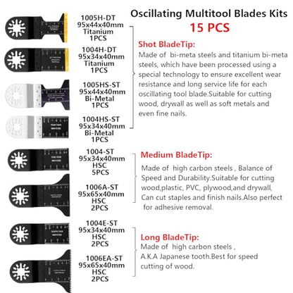 Titanium Oscillating Saw Blades, Oscillating Tool Blades Kits for Metal, Wood and Plastic Compatible with Star-Lock Tools (15 PCS)