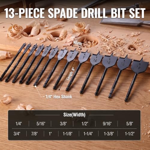 WORKPRO 13-Piece Spade Drill Bit Set, 1/4" to 1-1/2", Black - color: Black, size: 1/4" - 1-1/2"