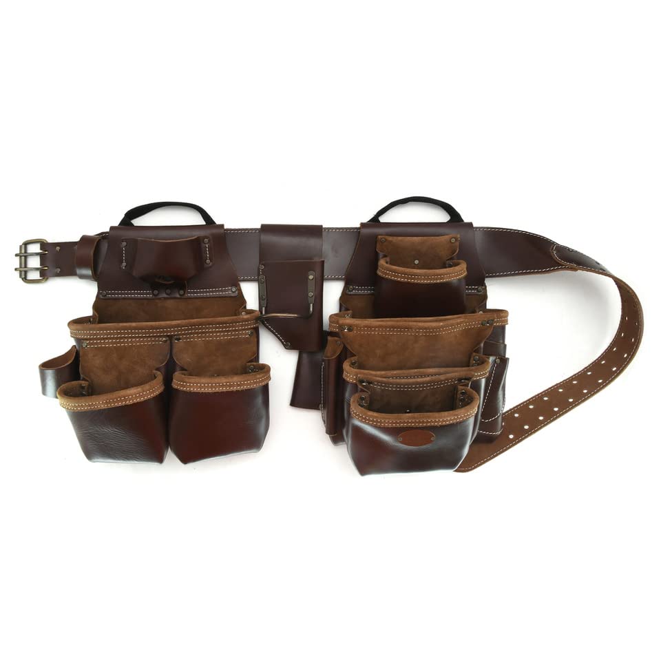 Style n Craft 4-Piece and 19-Pocket Pro Framer’s Combo, Tool Belt with 2 Tool Pouches and 1 Pliers and Hammer Holder, Full-Grain Leather Carpenter Tool Belt for Left-Handed People, Dark Tan (98544L) - style: Left Handed 4 Piece 19 Pocket