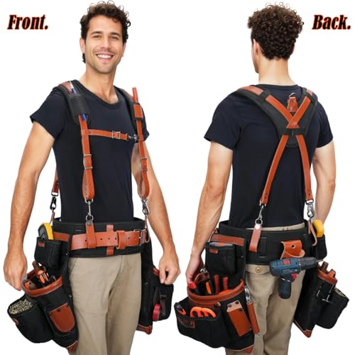 WELKINLAND Top-Grain Leather Tool Belt With Suspenders, Leather Tool Belt