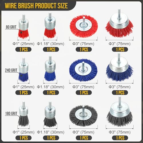 DTGN 12 Pcs Wire Wheel Cup Pen Brush Set for Drill, 1/4 Inch Round Shank - size: 1/1.8/3 inch（80/180/240 Grit）