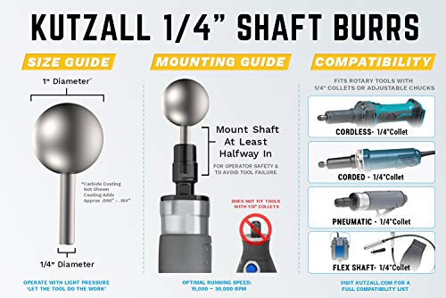 Kutzall Original Sphere Rotary Burr, 1⁄4" Shaft, Coarse - Wood Carving Bit for Bosch, DeWalt, Milwaukee Tools. Abrasive Tungsten Carbide Coating, 1" (25.4mm) Head Diameter, S-1
