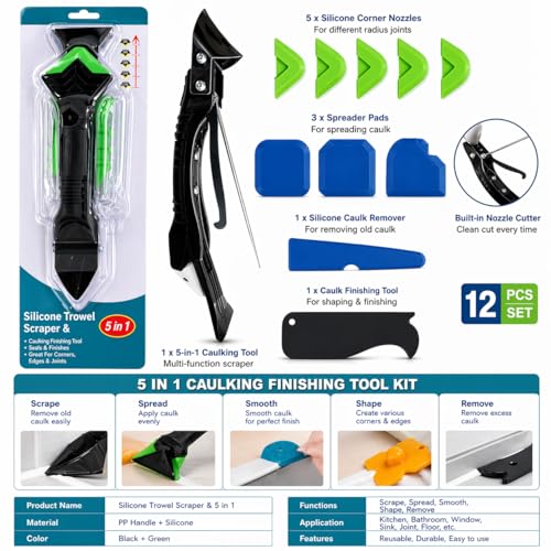 5-in-1 Caulk Remover Tool - Silicone Caulking Tool Kit and Caulk Smoothing Tool for Bathroom, Kitchen, Sink, Tile and Window Repair (Green)