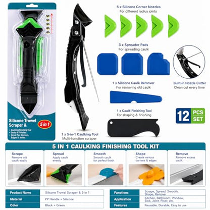 5-in-1 Caulk Remover Tool - Silicone Caulking Tool Kit and Caulk Smoothing Tool for Bathroom, Kitchen, Sink, Tile and Window Repair (Green)