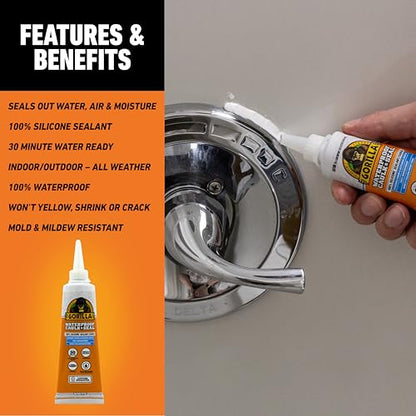 Gorilla 100% Silicone Caulk, Waterproof Sealant, 2.8oz Squeeze Tube, White - color: White, size: 1 - Pack