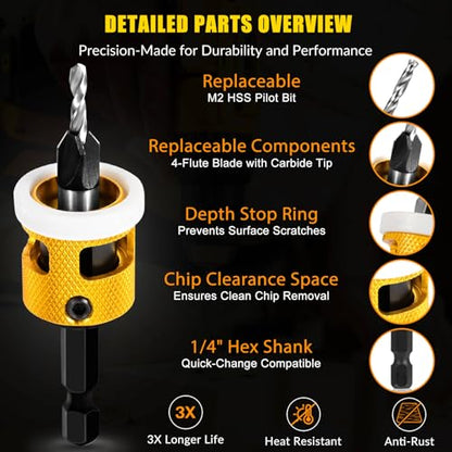 8PCS Countersink Drill Bit Set with Low Friction Depth Stop, Replaceable HSS Pilot Drill, Multi-Size Bits, 1/4" Hex Shank, Precision Woodworking Tool for Wood