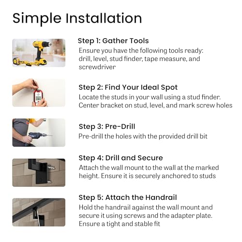 Modern Aluminum Handrail Complete DIY Kit – Matte Black with Adjustable Wall Mount Brackets Included (8' Length) - size: 8' length