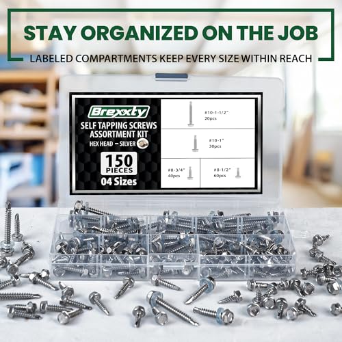150 Pcs Self Drilling Screws, 410 Stainless Steel Hex Washer Head