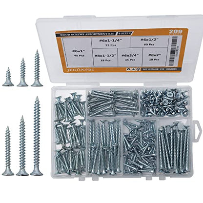 JEGONFRI 209PCS Wood Screw Assortment Kit, 6 Sizes Flat Head Phillips