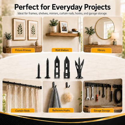 Jyphorixal 150Pcs Self Drilling Drywall Anchors with Screws Kit,Zinc Plated Steel,2 Sizes Expansion Screws and 2 Sizes Wall Anchors, Easy Application No Drill or Holes in Wall.(Electrophoretic Black) - size: Black 150Pcs 2Size kit