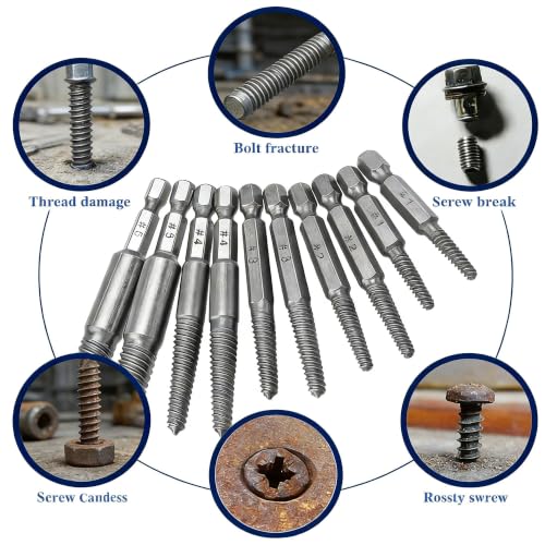 10 Pcs Damaged Screw Extractor Set – 1/4" Hex Shank Easy Out Drill Bit Kit for Broken Screws and Stripped Bolts – Bolt Removal Tool for Home Use