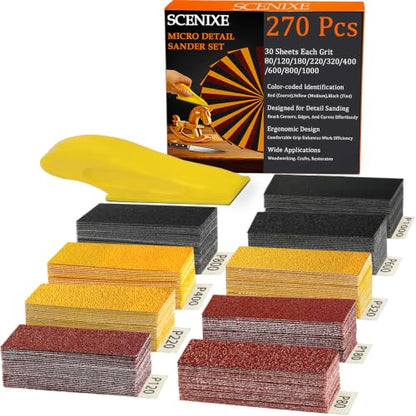 270 PCS Sandpaper Assortment, 80-1000 Grit Mini Detail Sanding Kit
