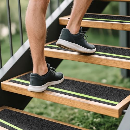 LadyRosian Outdoor Stair Treads Non Slip 10-Pack Black Glow 6" x 24" - Weather Resistant Adhesive Heavy Grip Tape - Waterproof Anti Skid Strips- Glow in The Dark 80-Grit Adhesive Treads - color: Dark, size: 6" x 24"