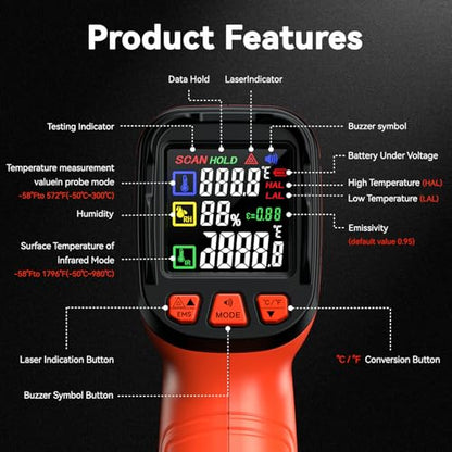 Infrared Thermometer Temperature Gun 1796°F 16:1 Laser - color: -58°F to 1796°F, Orange