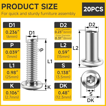 Mywish 10Sets M6 x 25mm Flat Head Hex Socket Cap Screws Bolts and Barrel Nuts Kit, 304 Stainless Steel Furniture Connector Bolts, Metric M6 Countersunk Binding Screws for Crib Cabinet with Hex Spanner - size: M6 x 25mm