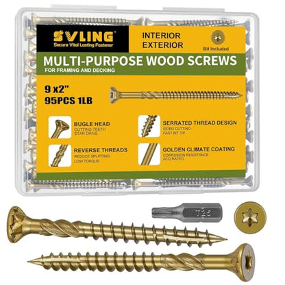 #9 x 2 Multi-Purpose Wood Deck Screw for Interior and Exterior,Bugle Head Golden Coated with T25 Bit Star Drive Torx Furniture Building/Fence/Decking(95Pcs,1LBS) - size: #9 x 2"