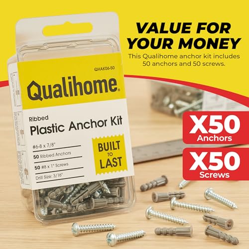 Qualihome Drywall Anchors and Screws Kit – 50 Anchors & 50 Screws for Drywall, Plastic Wall Anchors for Picture Frames, Shelves, Mirrors, Ribbed Design (6-8 x 7/8") - size: 6-8 x 7/8" [50 Pack]